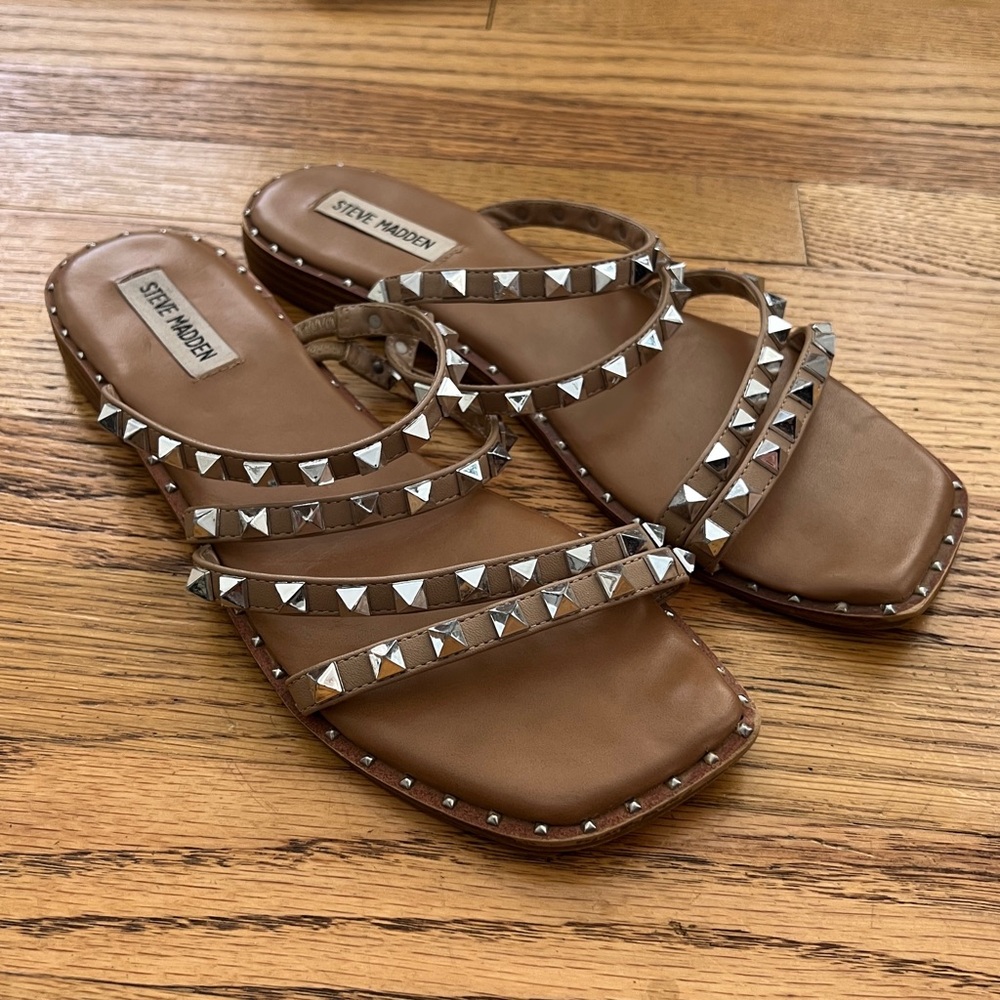 Modern Tan & Silver Studded Flat Strappy Sandals